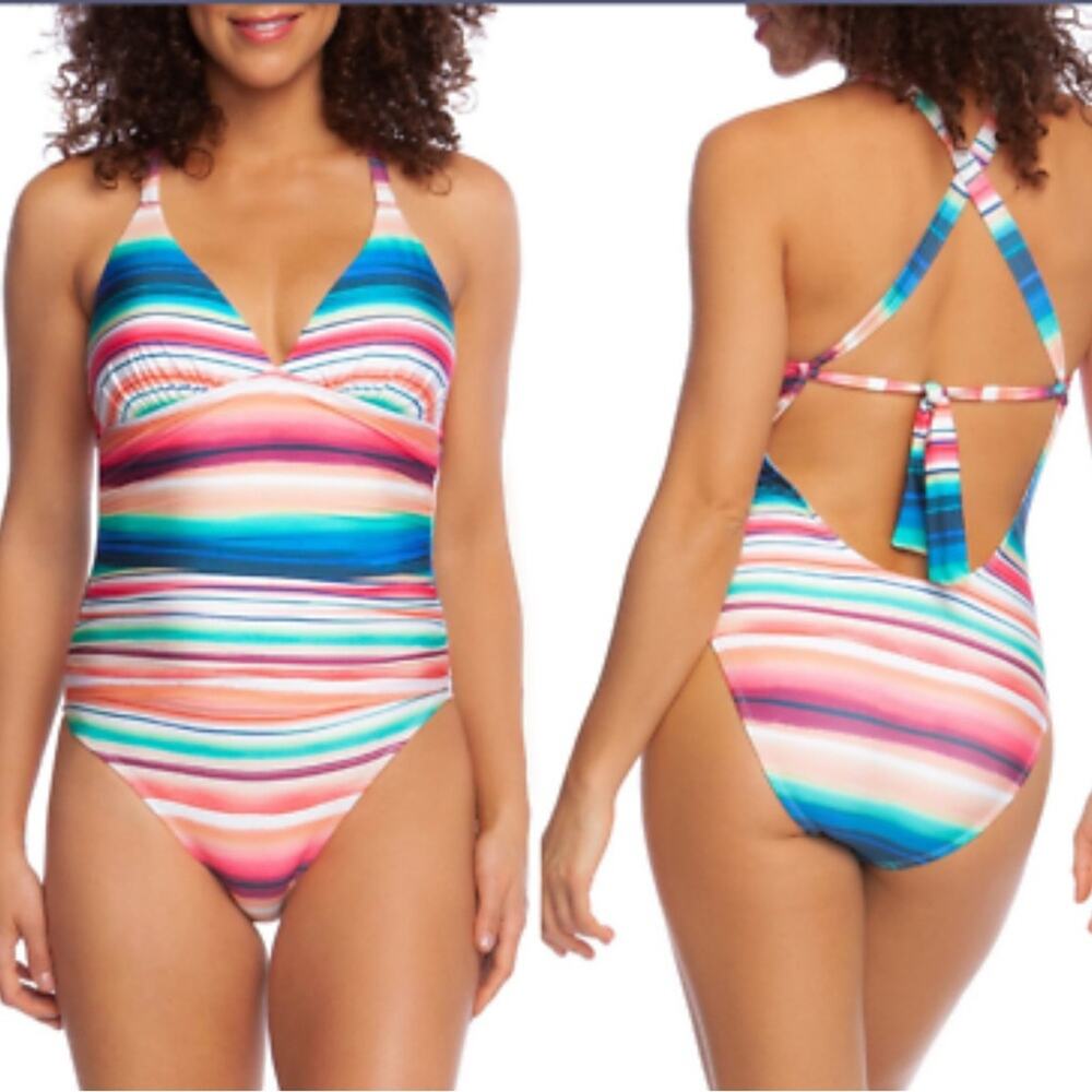 La Blanca Mio One Piece Tie Back Ruched Swimsuit US 10 Colorful Solar Stripe